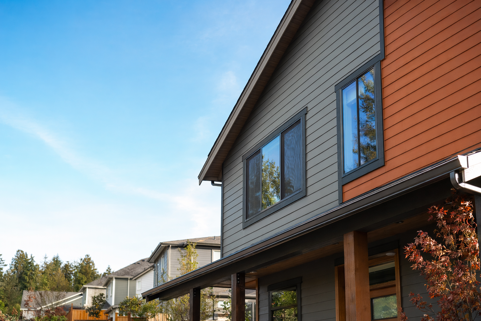 Illustration of a house with crisp horizontal lap siding in graphite and warm rust tones